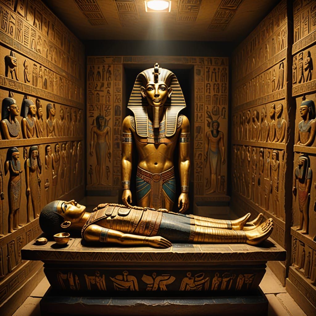Ancient Egyptian Tomb Interior with Mummy
