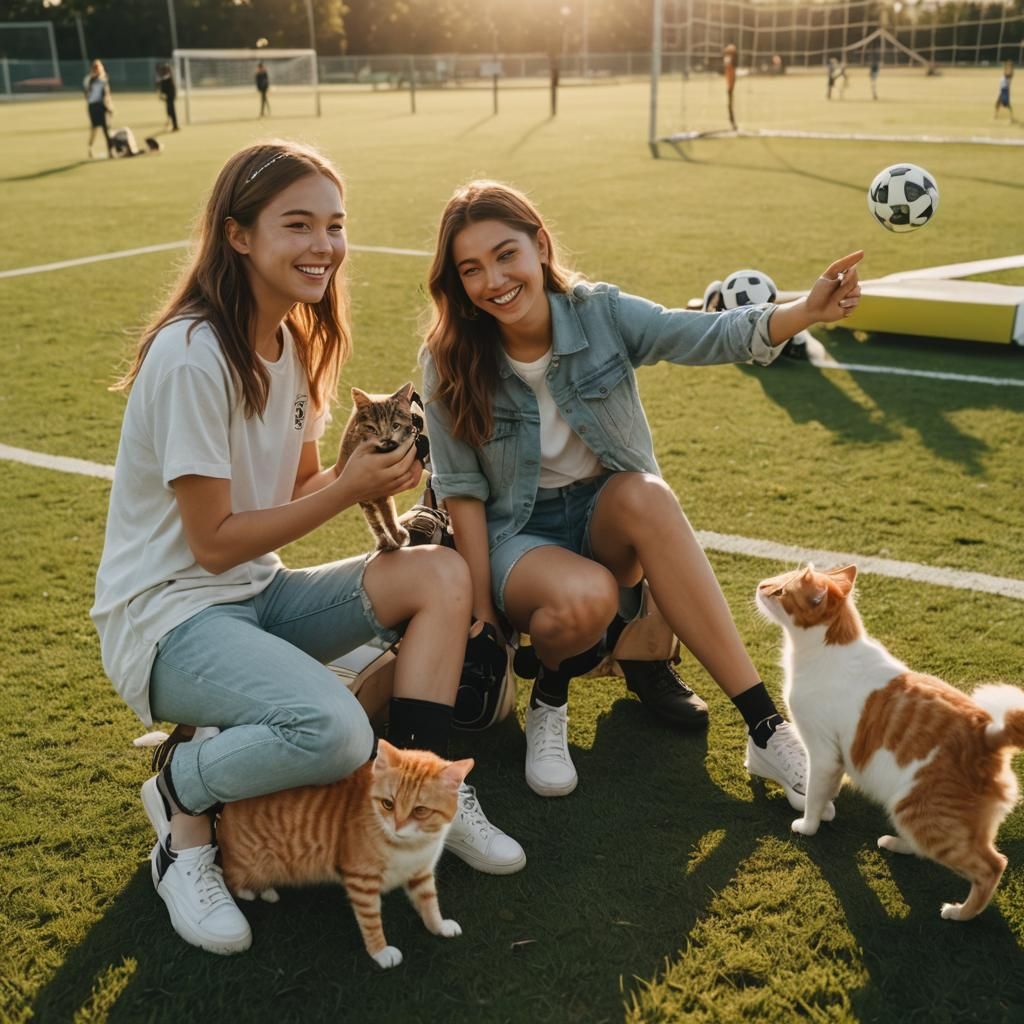 Girls' Joyful Soccer Photo with Animal Friends