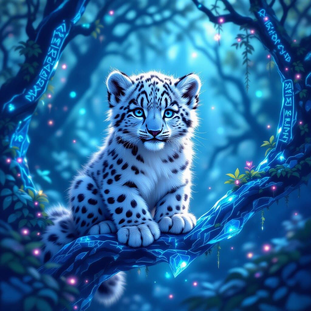 Snow Leopard Cub in Bioluminescent Forest