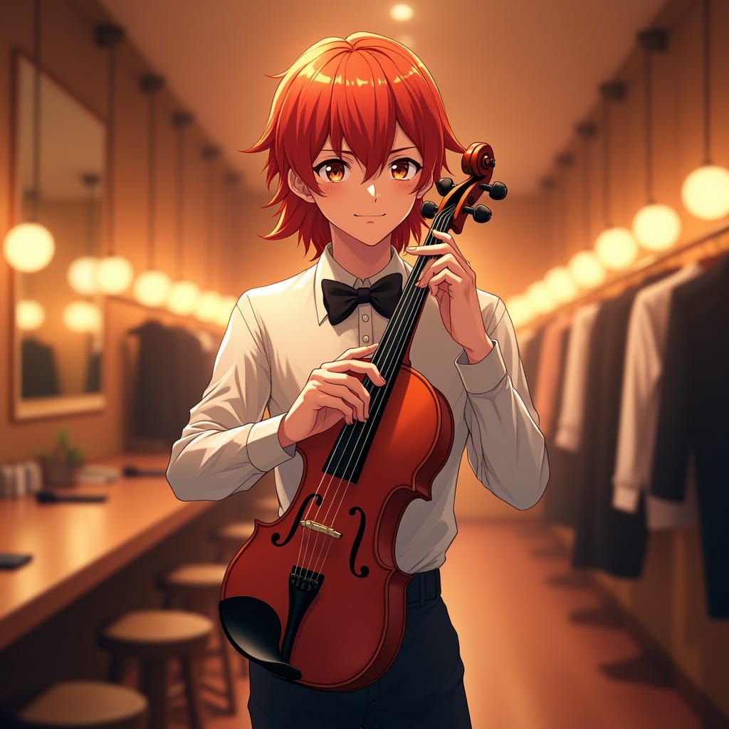 Anime Style Violist Backstage with Red Hair