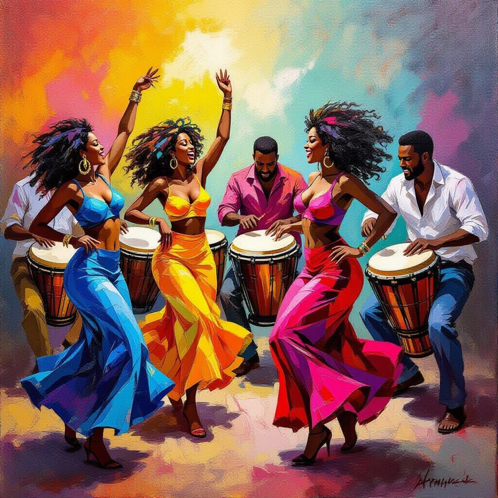 Vibrant Afro-Cuban Dance Scene in Expressionist Style