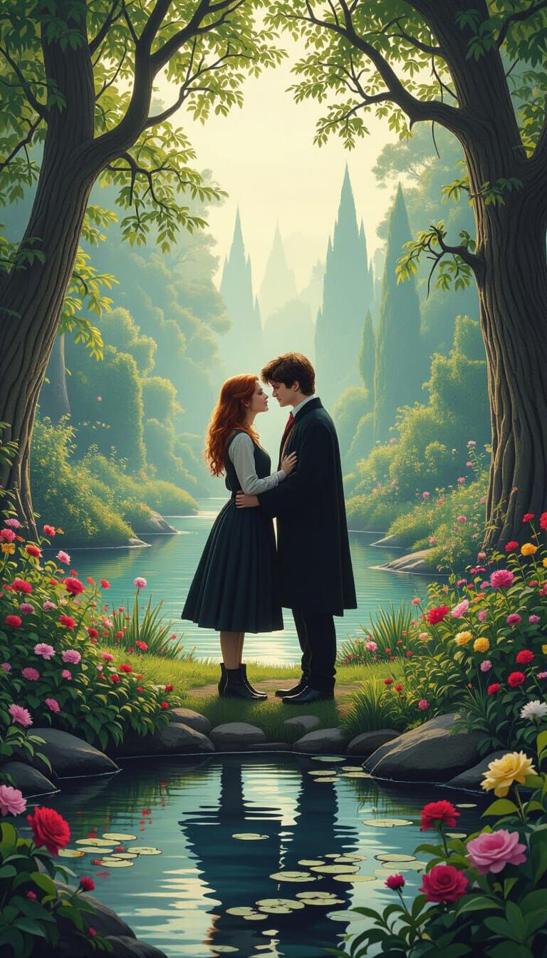 Romantic Garden Scene of Harry Potter and Ginny Weasley