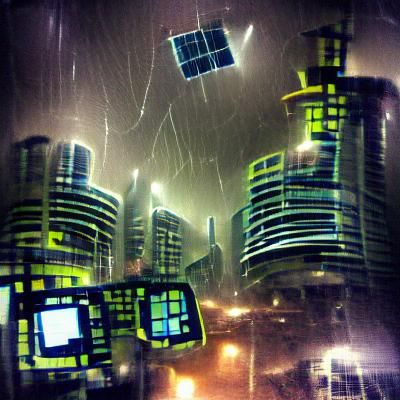 Futuristic Cityscape Amidst Midnight Storm