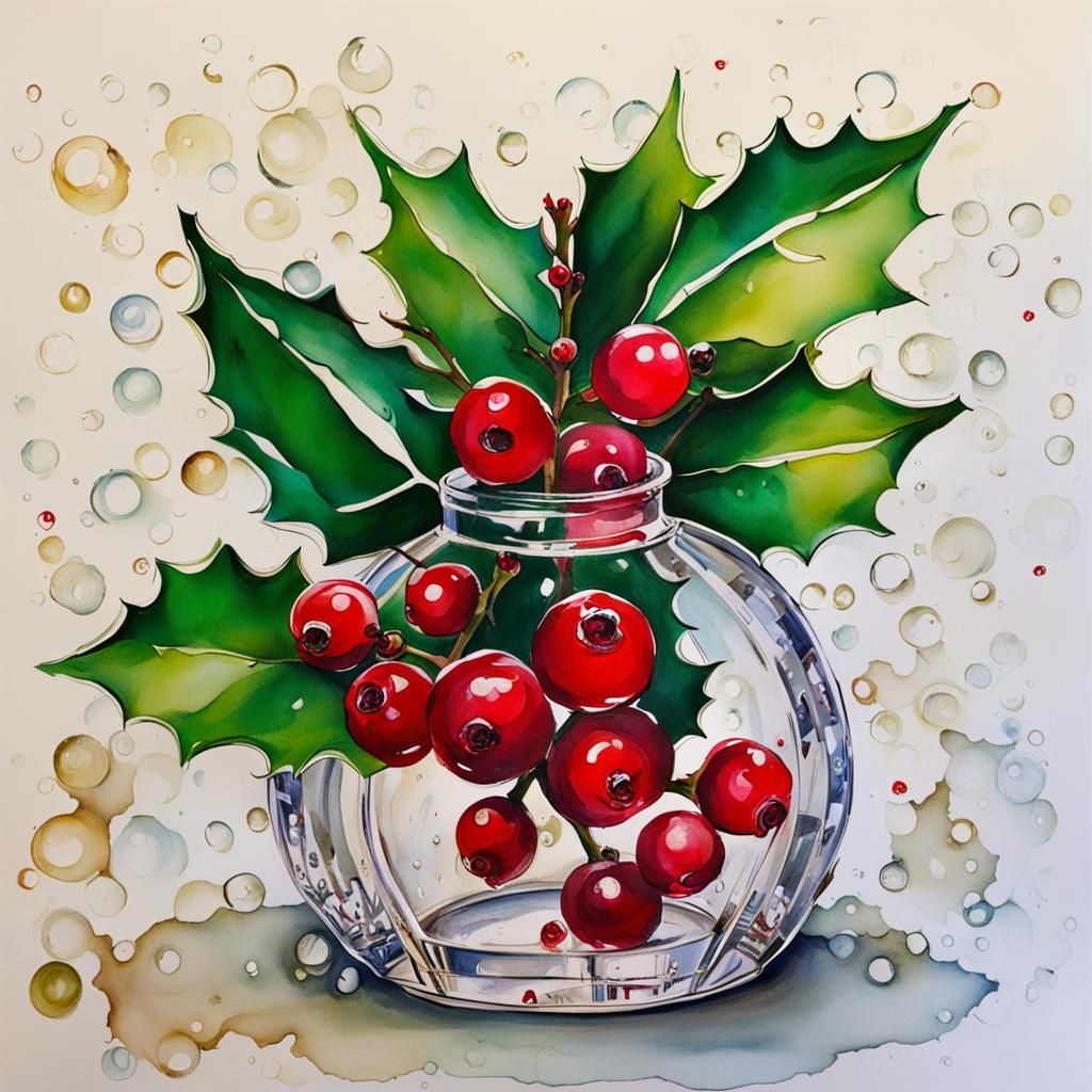 Holly Berries in Crystal Vase as Alcohol Ink Art