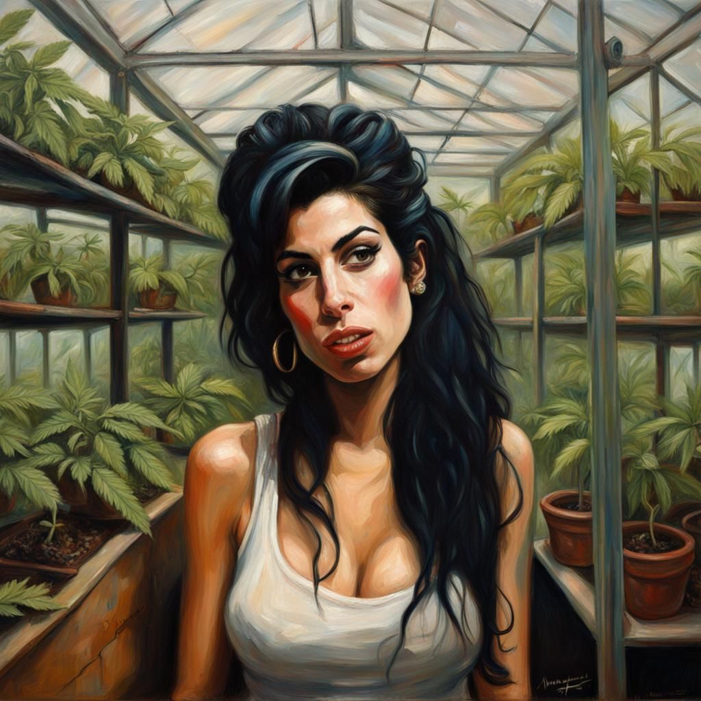 Amy Winehouse in Cannabis Greenhouse: Oil Painting