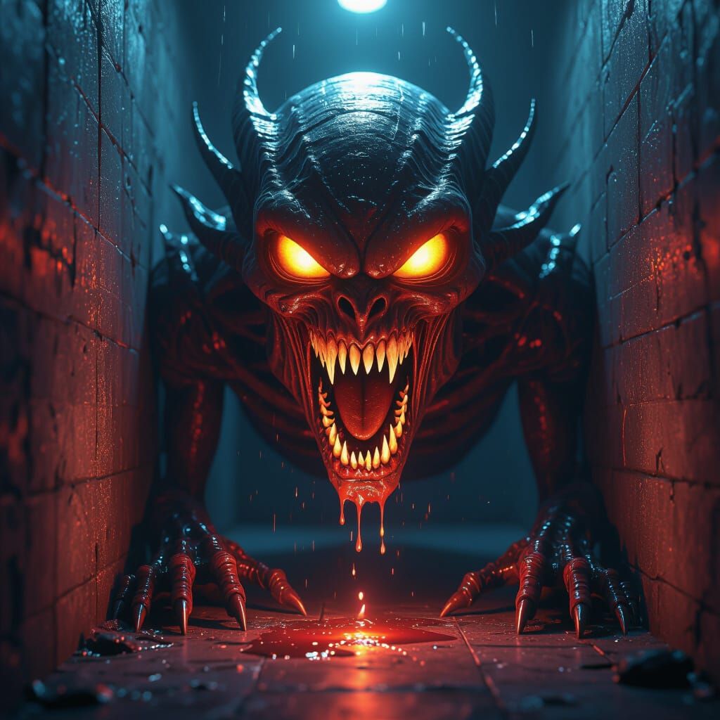 Roaring Alien with Neon Eyes: Giger-Inspired Horror