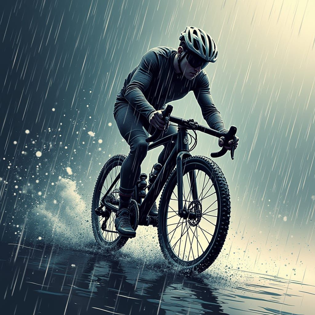 Cyclist Struggles Against Rain in Abstract Vector Art