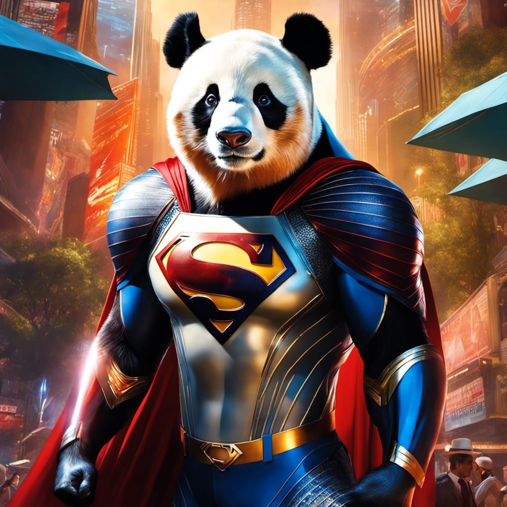 Panda as Superman Flies Over Metropolis
