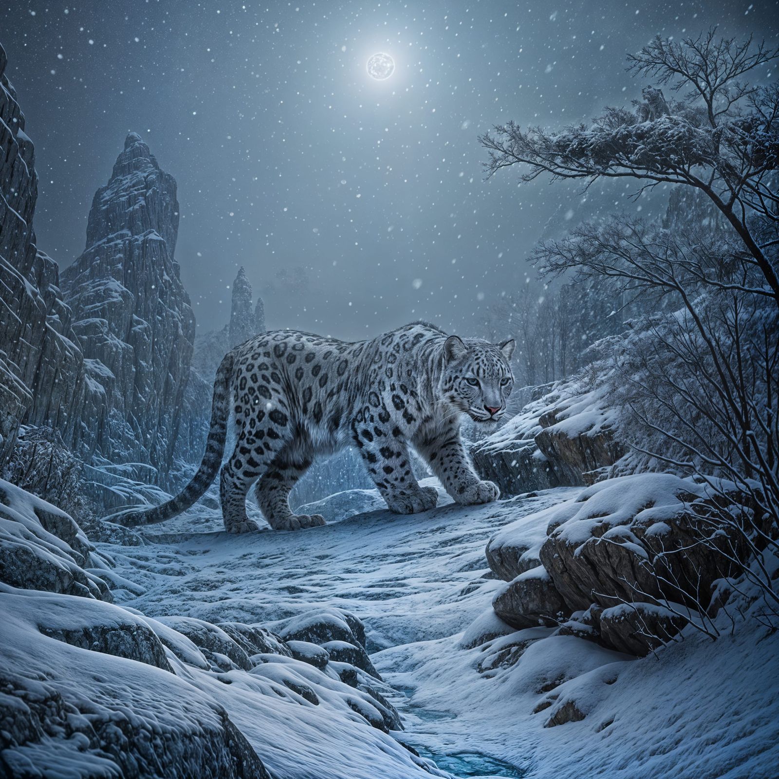 Snow Leopard Hiding: Winter Scene in Digital Painting