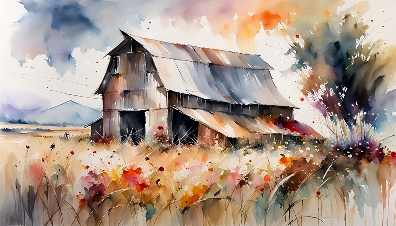 Rustic Barn at Dusk in Watercolour Style