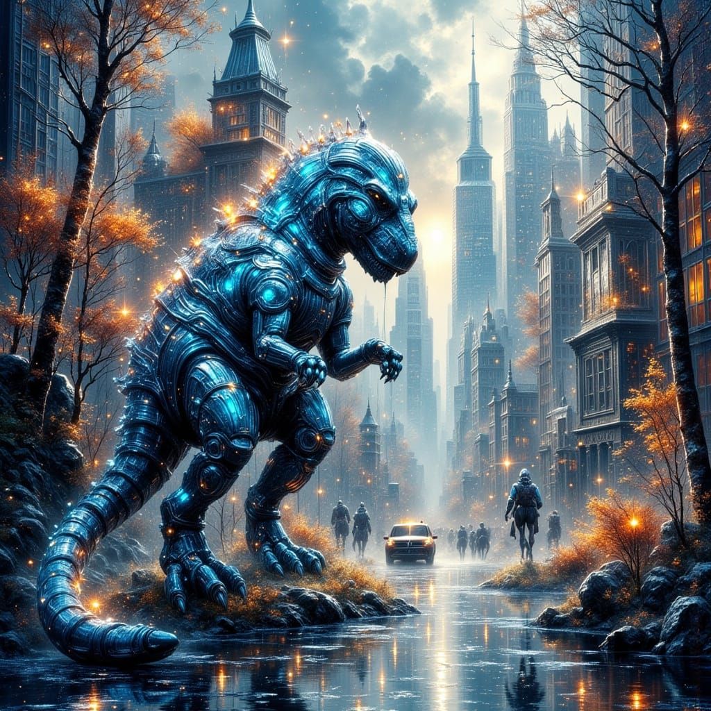 Dinosaurs and Humans Coexist in Impressionistic New York