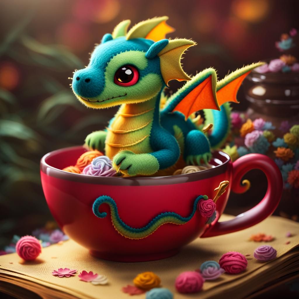 Felt Dragon Toy in Teacup, Comic Book Art