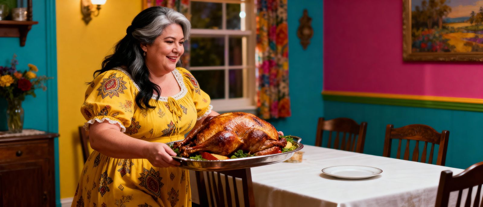 Woman Carries Turkey to Dinner Table, Hyperrealistic Style