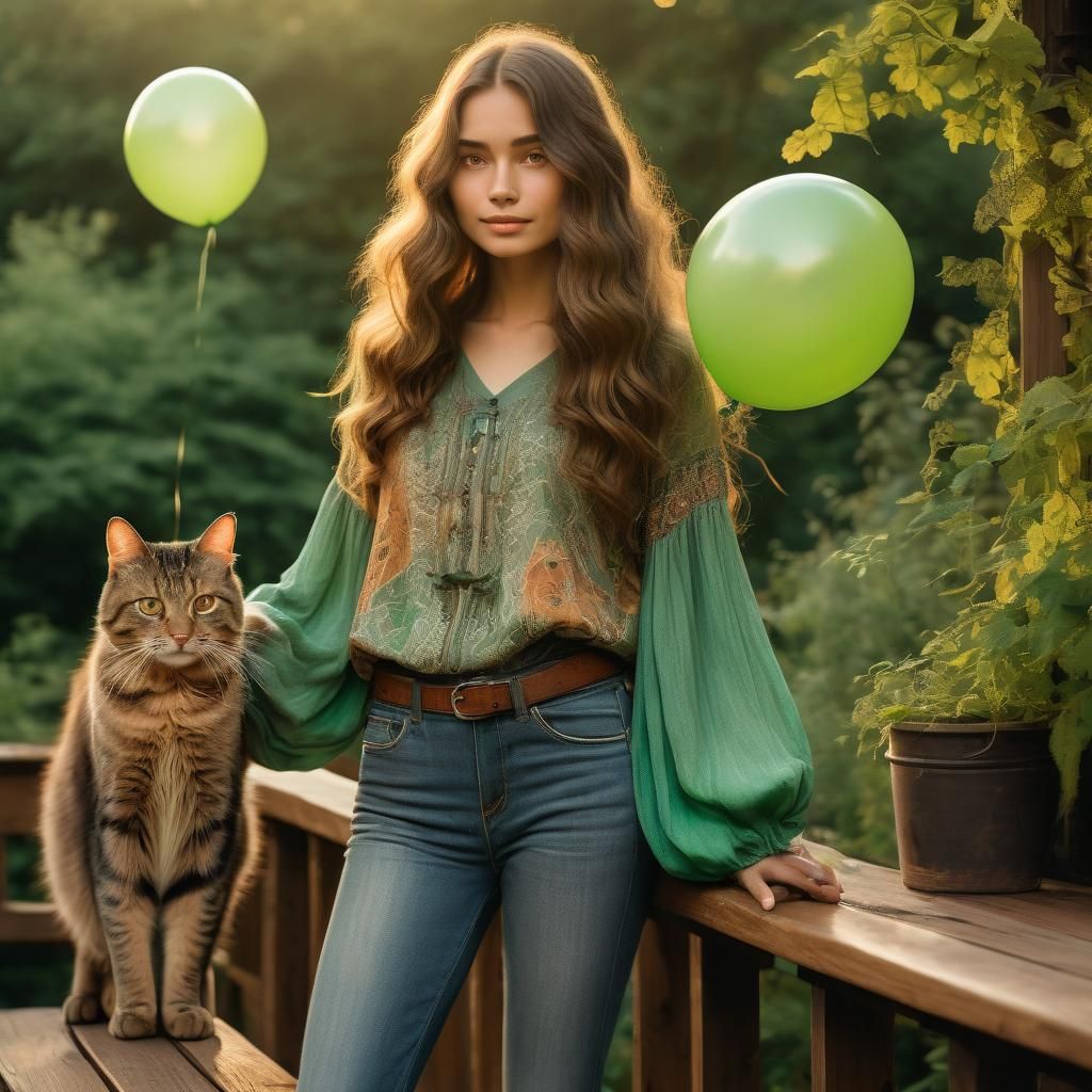 Woman and Cat at Sunset in Art Nouveau Style