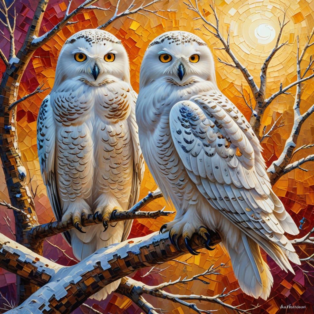 Snowy Owls on Branches as Impasto Painting