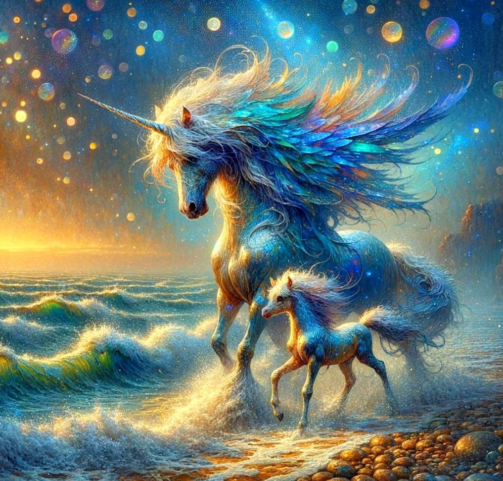 Mother Unicorn and Foal in Dawn Mist
