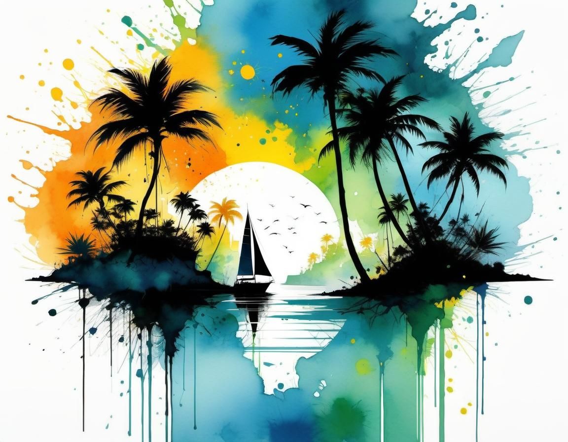 Tropical Island Silhouette in Watercolor Splash Art