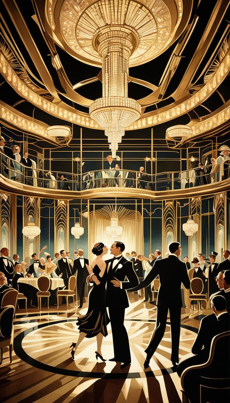 Elegant Passengers Waltz in Art Deco Ballroom