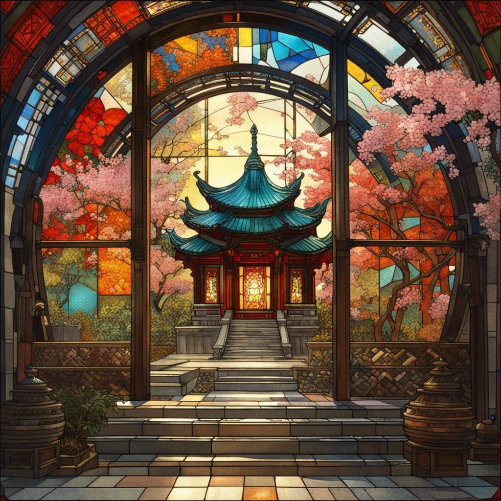 Stained Glass Chinese Temple and Sakura Garden