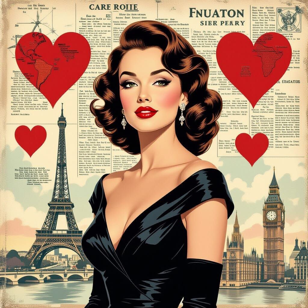 Glamorous Woman with Red Lips and Vintage Collage