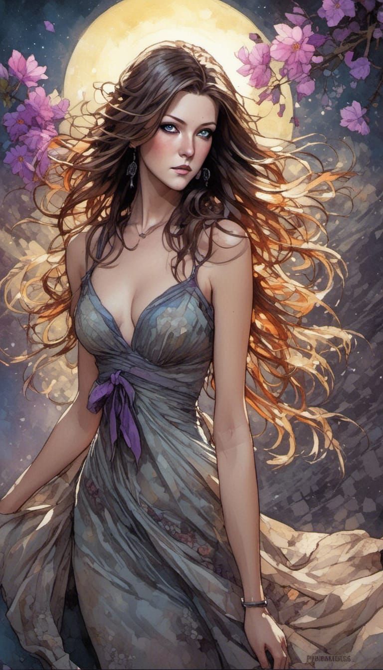 Beautiful Woman in Moonlight with Flowing Hair