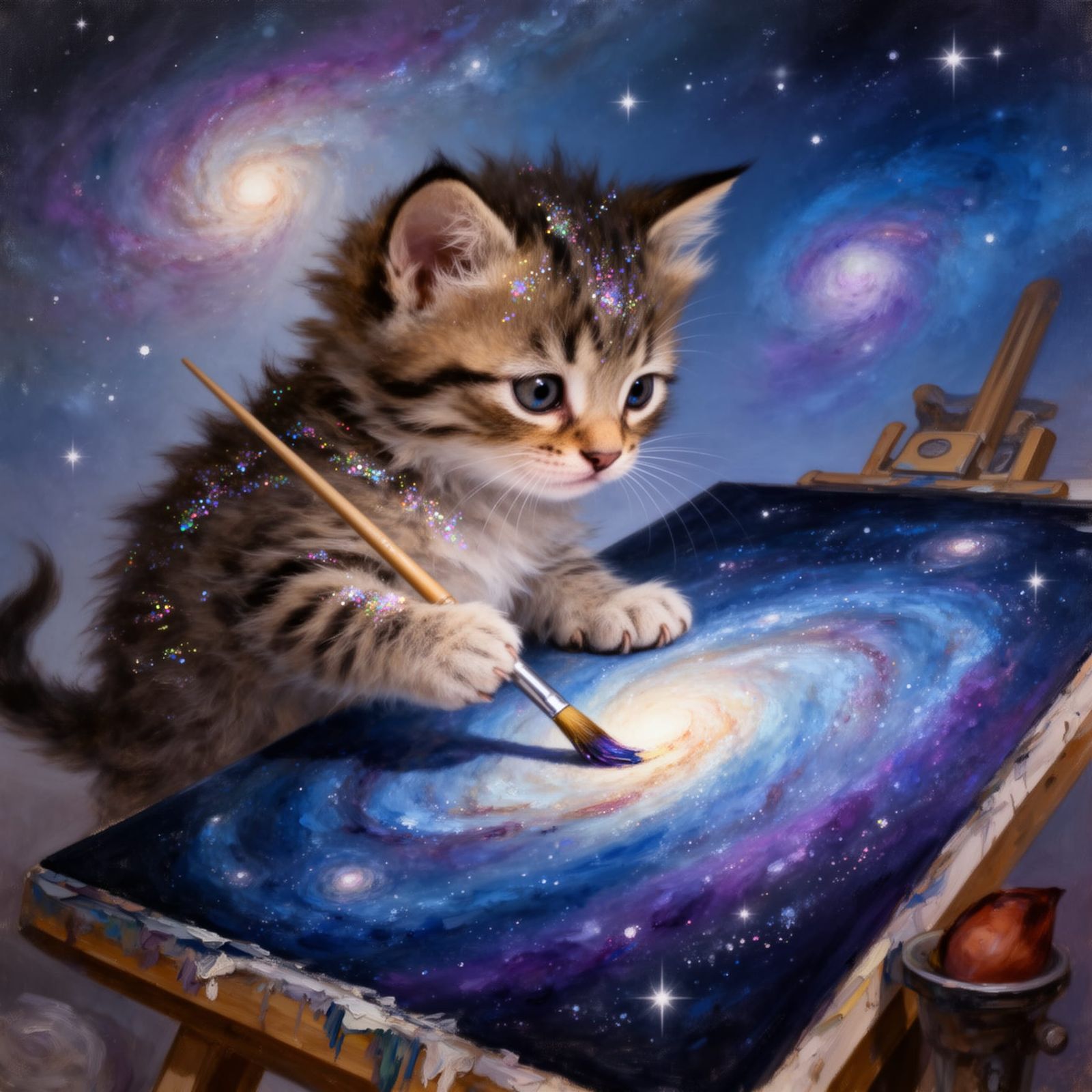 Kitten Paints a Galaxy in Surreal Oil Painting Style