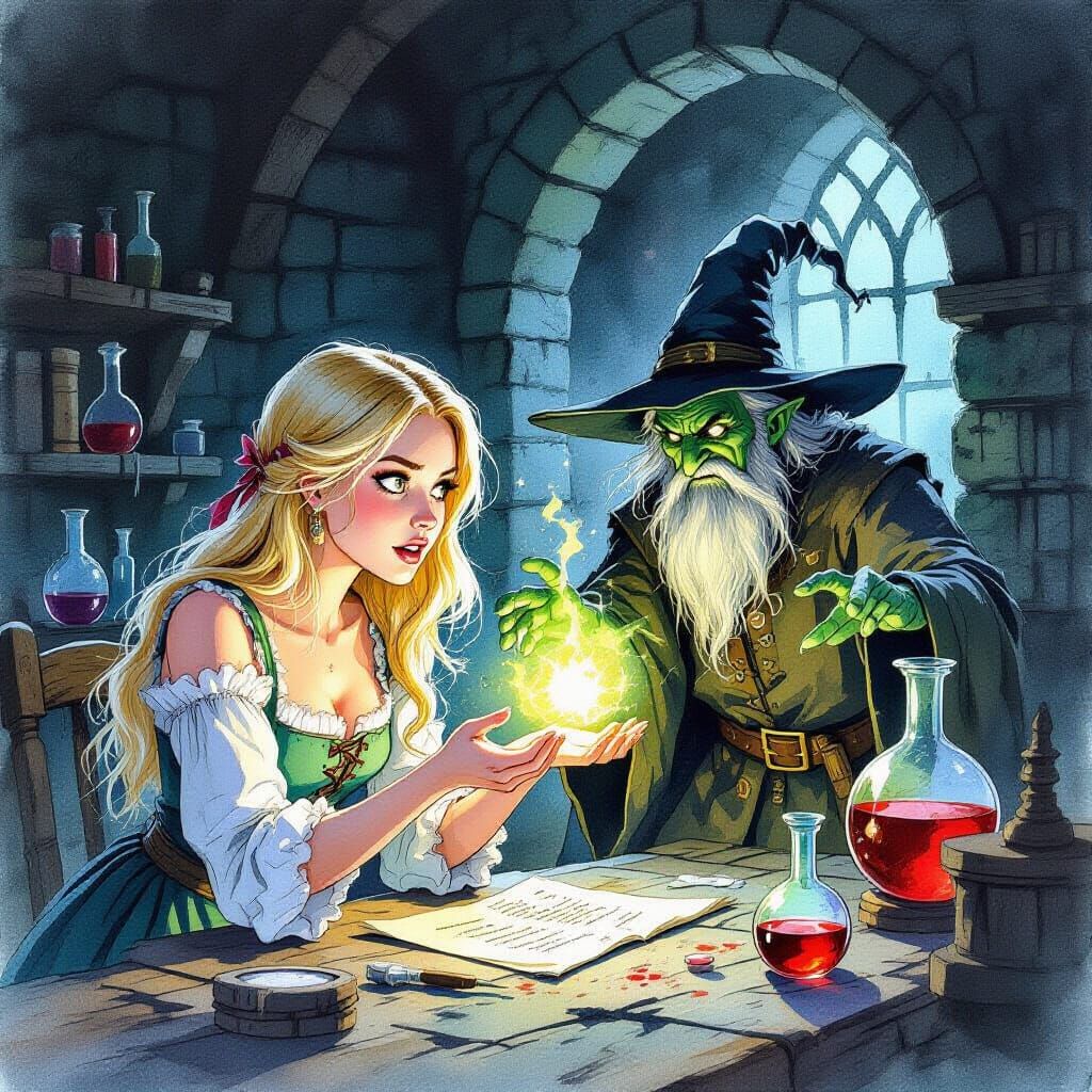 Peasant Woman Confronts Wizard: Ominous Watercolor Illustrat...