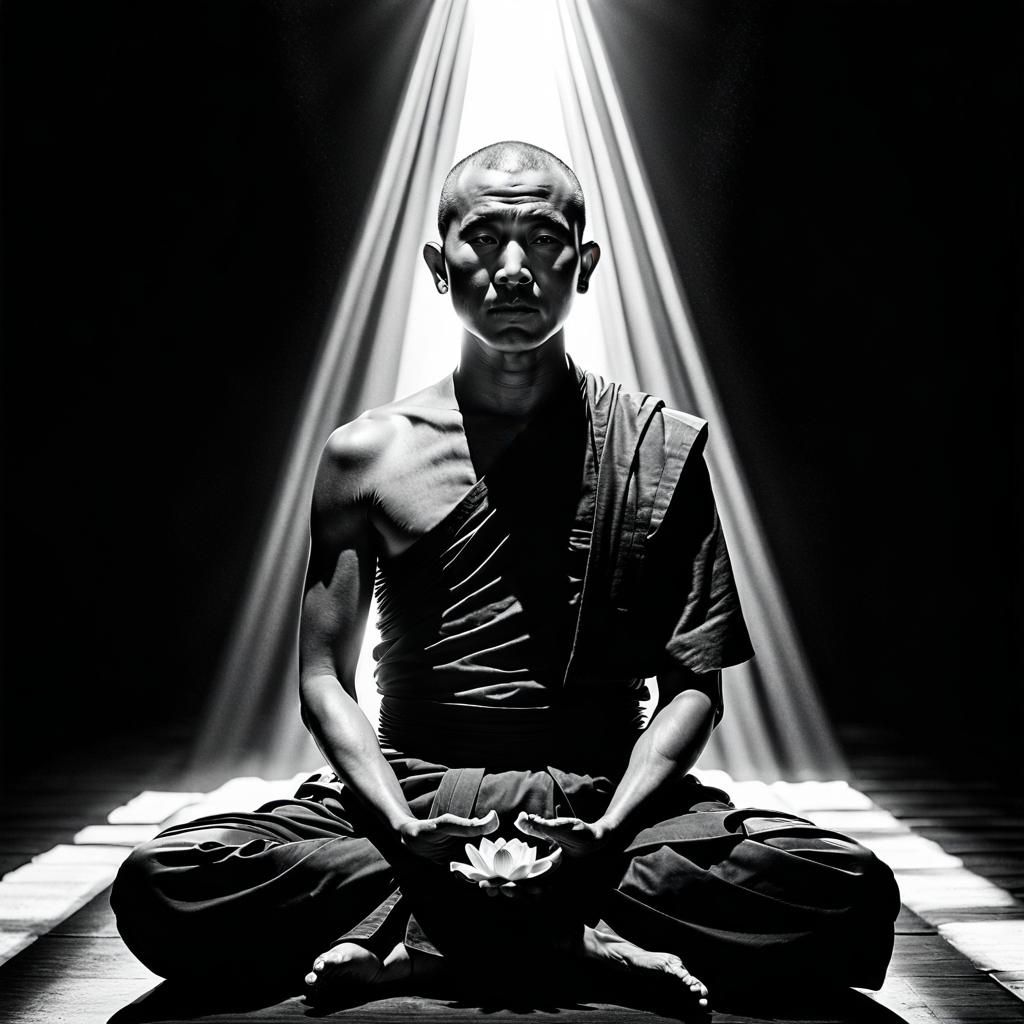 Hyperrealistic Black and White Monk in Lotus Position