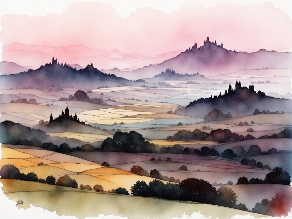 Domed Mountains and Ruined Castles in Watercolor
