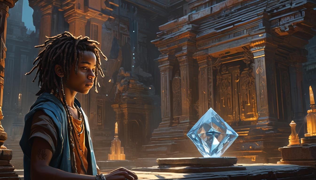 Boy Reaching for Diamond in Ancient Temple