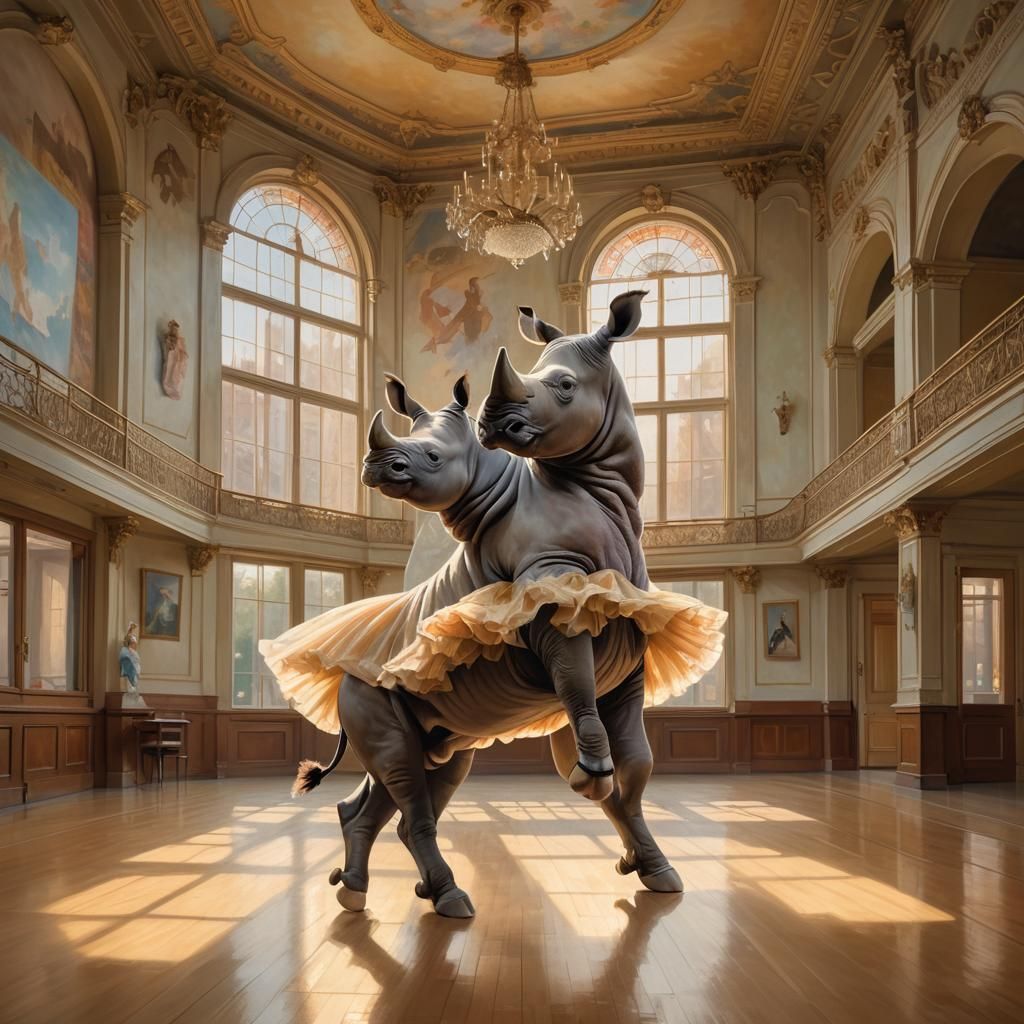 Rhino Ballerina in Sunrise, Degas-inspired