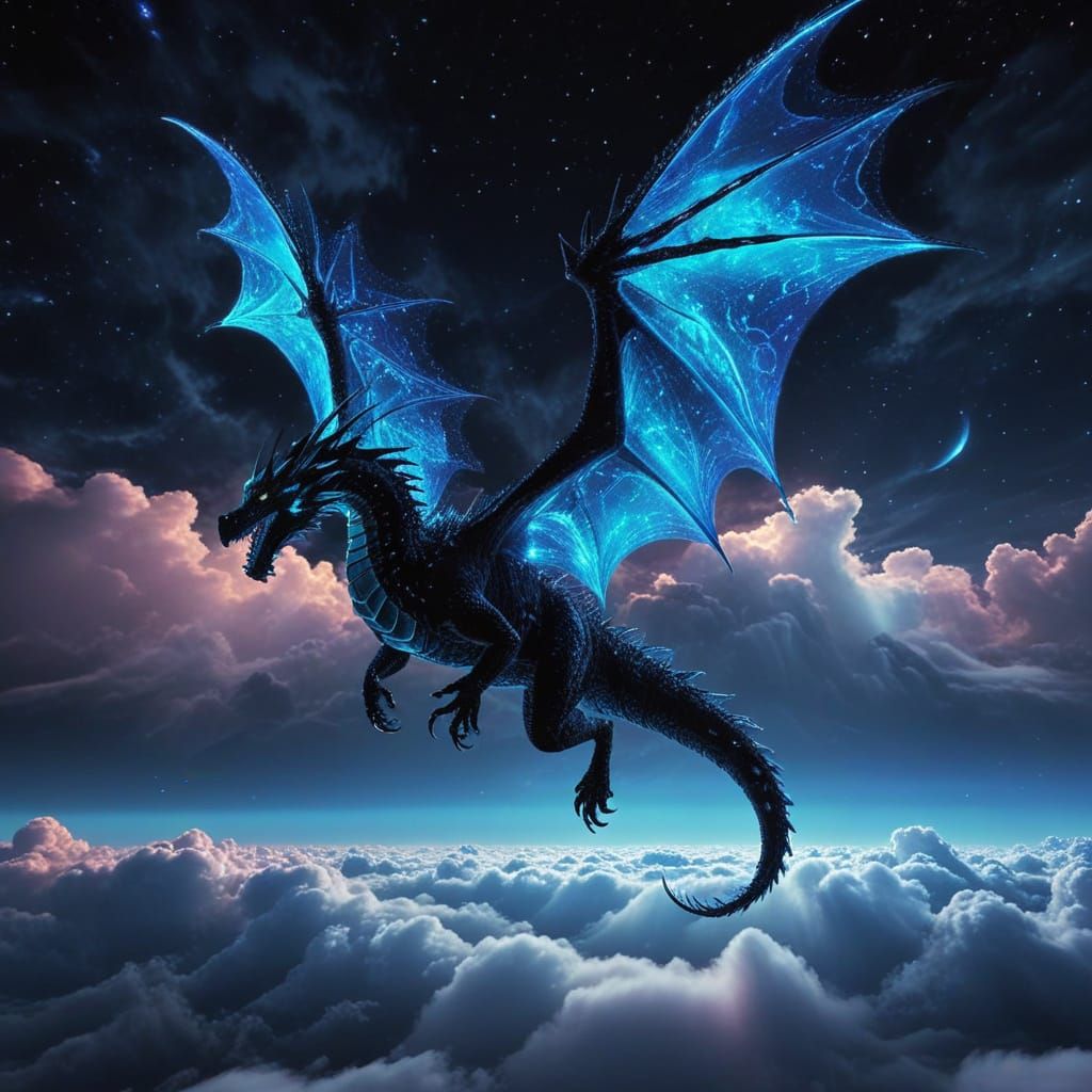 Surreal Winged Dragon Takes Flight in Whimsical Night Sky