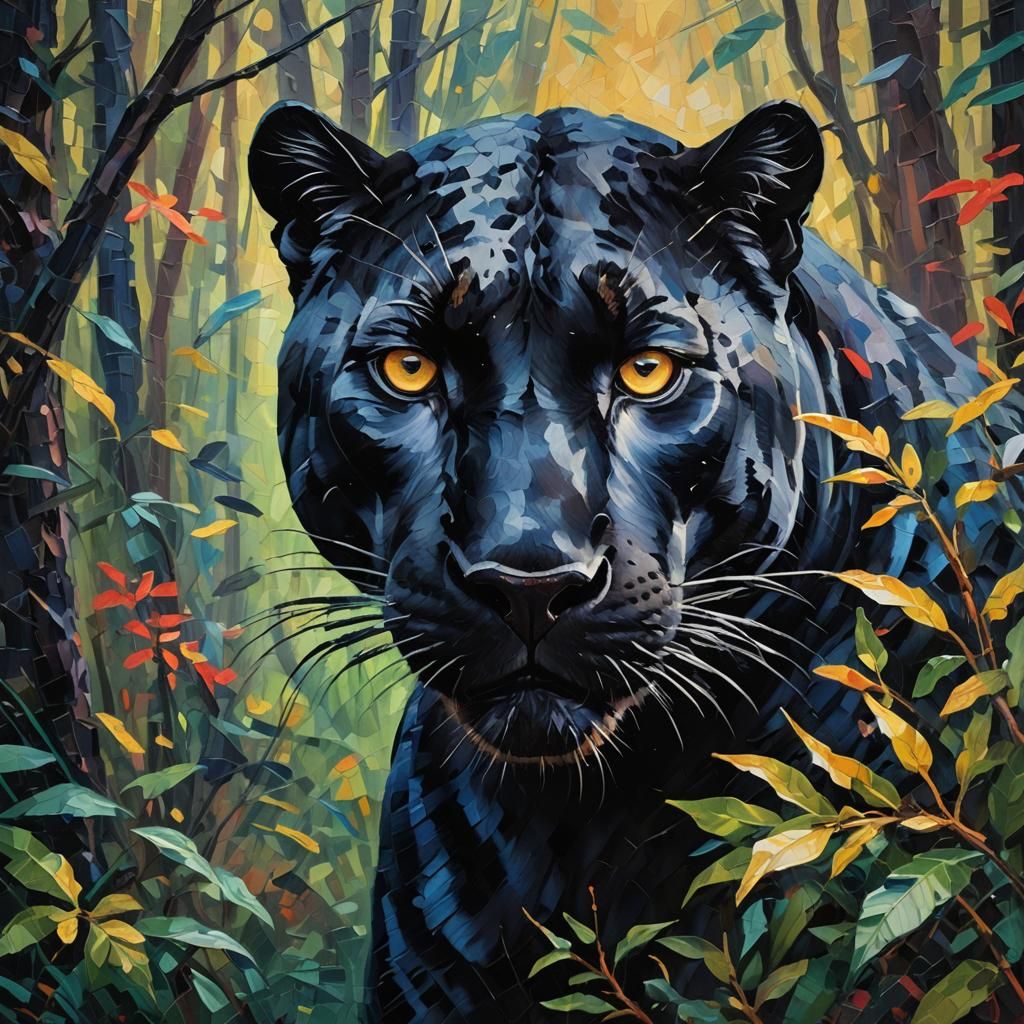Panther in Mystical Forest: Neo-Impressionist Close-Up