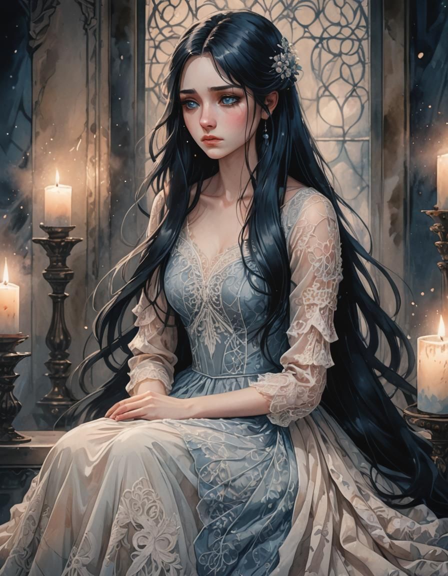 Sad Anime Girl Portrait with Black Hair in Pastel Colors