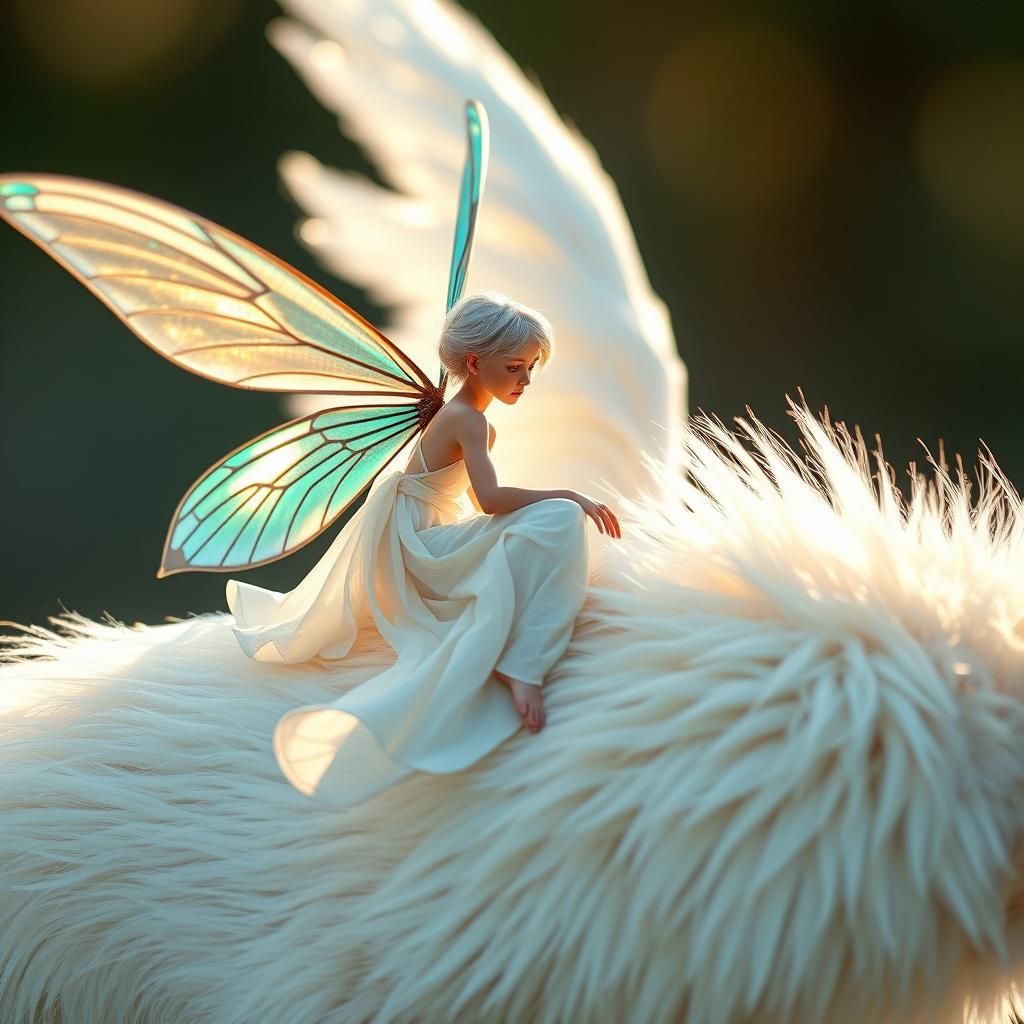 Fairy on Winged Cat in Hyper-Realistic Style
