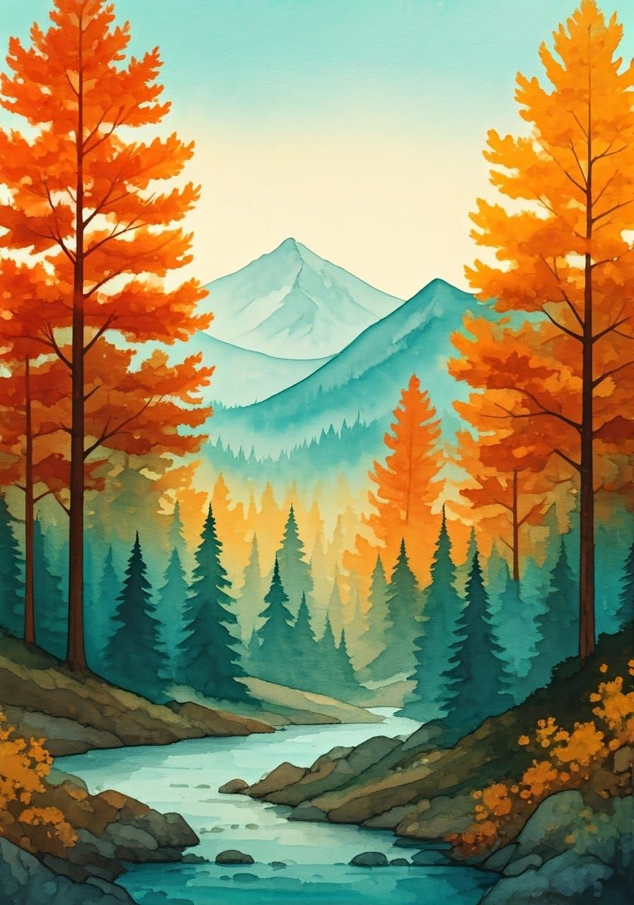 Autumn Mountain Forest in Watercolor and Ink