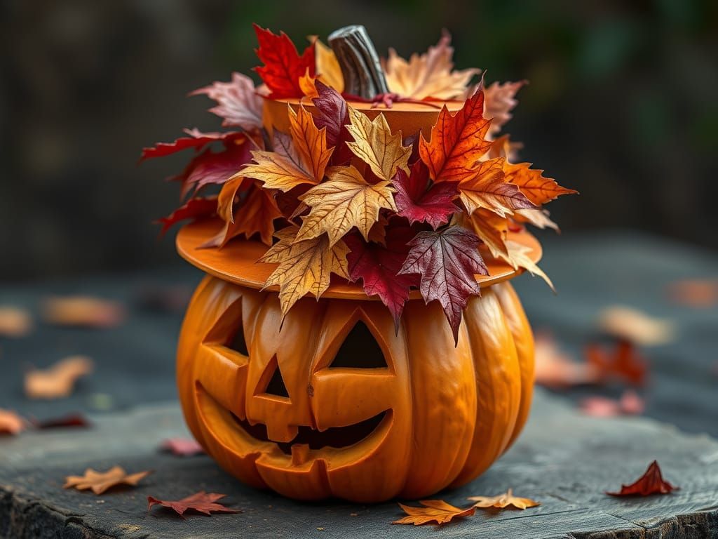 Whimsical Pumpkin Top Hat Adorned with Autumn Leaves