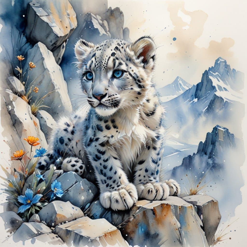 Snow Leopard Cub in Watercolor Style
