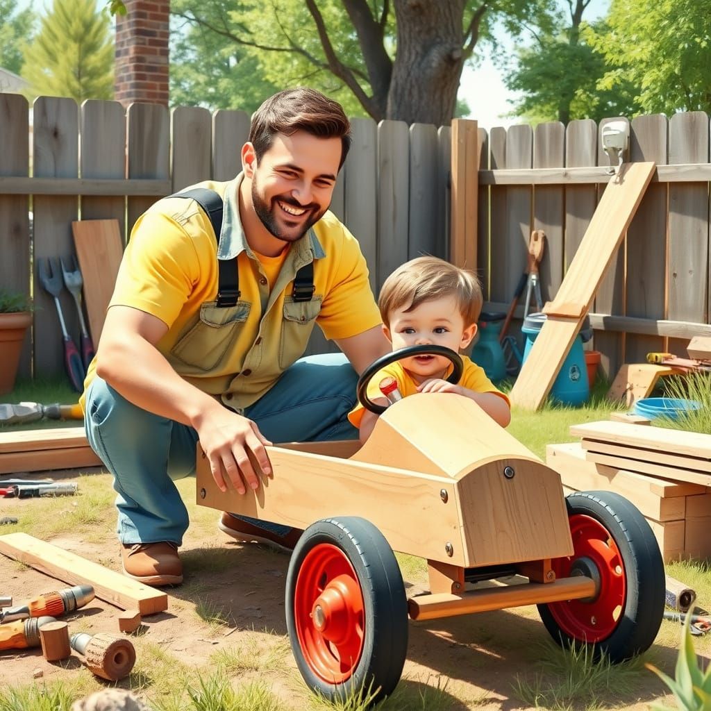 Father and Child Build a Go-Cart, Nostalgic Illustration