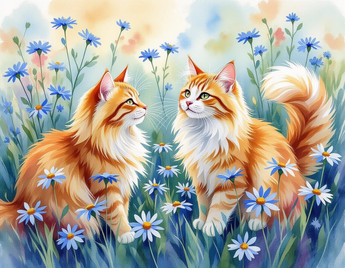 Surreal Cat in Blue Aster Field, Bold Watercolor Style