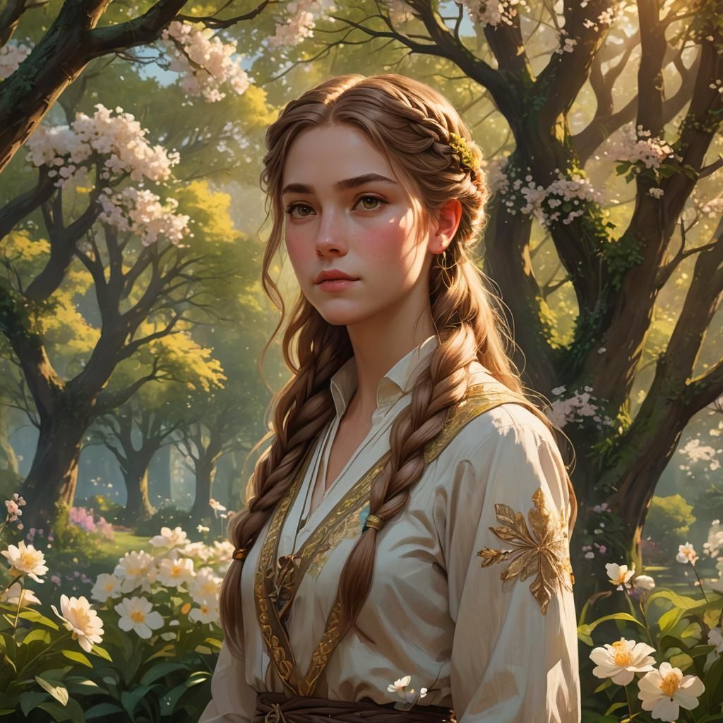 Elegant Woman in Lush Garden: 3D Rendering