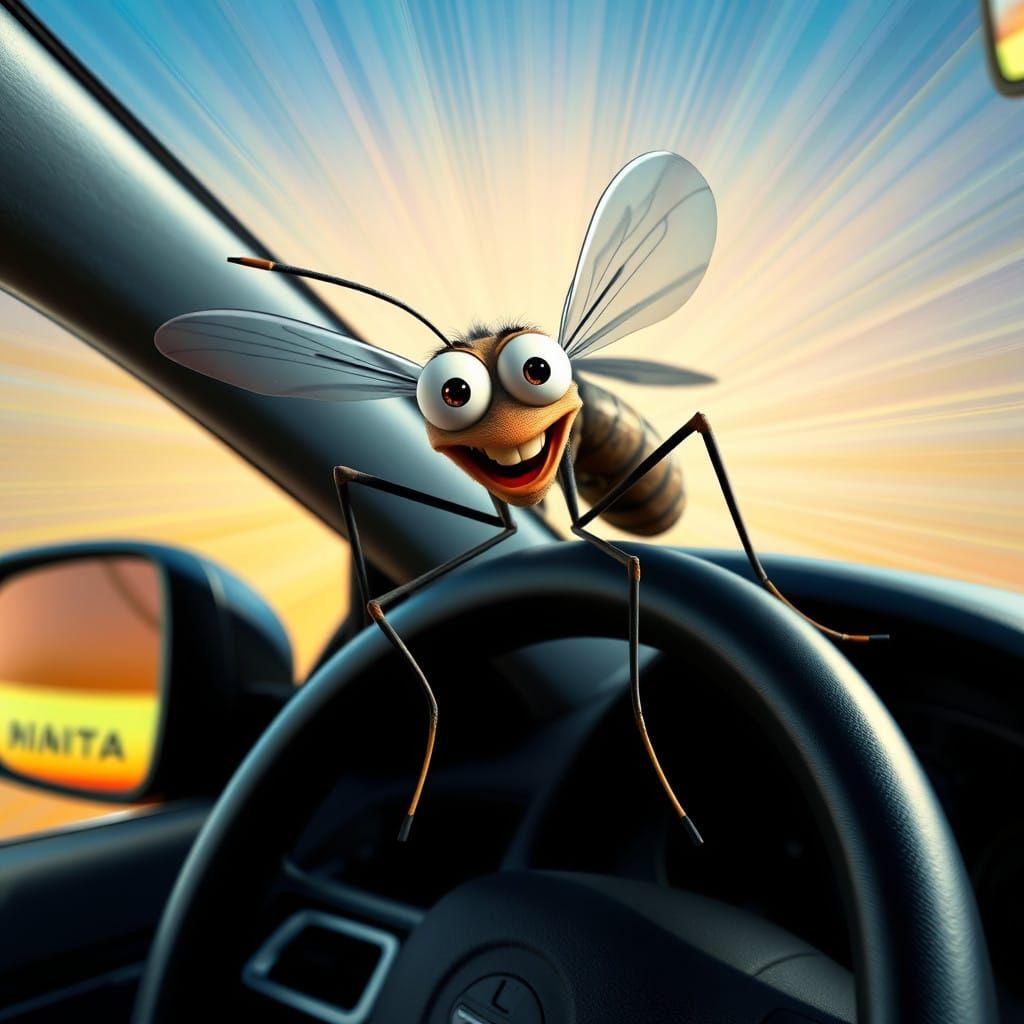 Comical Mosquito Stuck on Speedster's Window in a Bright, Ci...