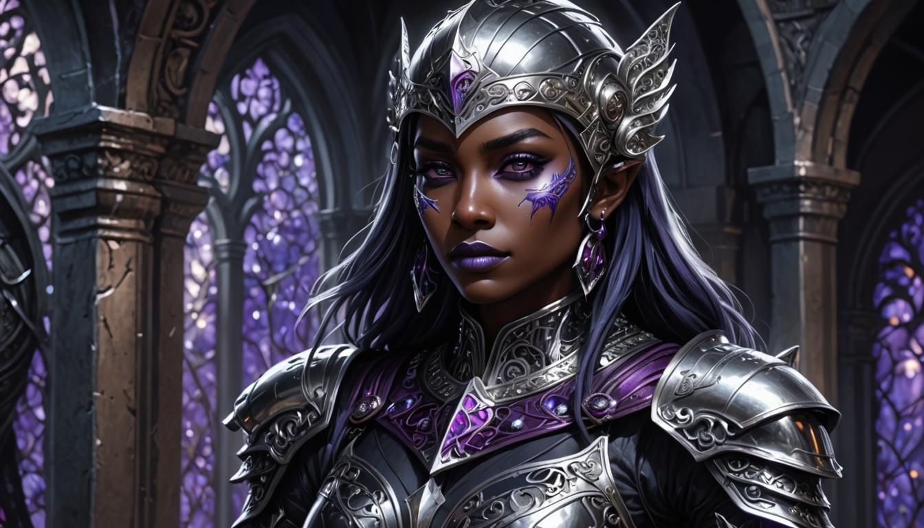 Drow Warrior in Silver Armor, Realistic Anime Style