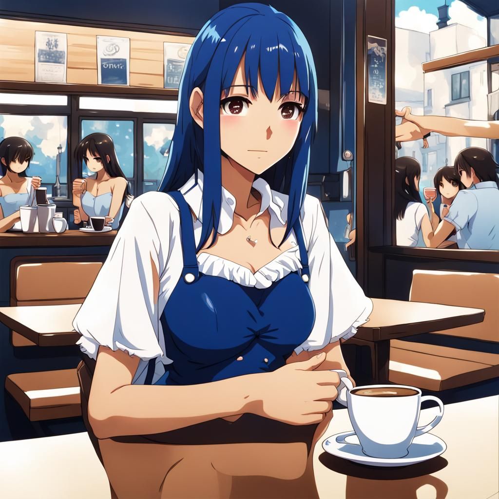 Girl in Cafe with Coffee, Anime Style