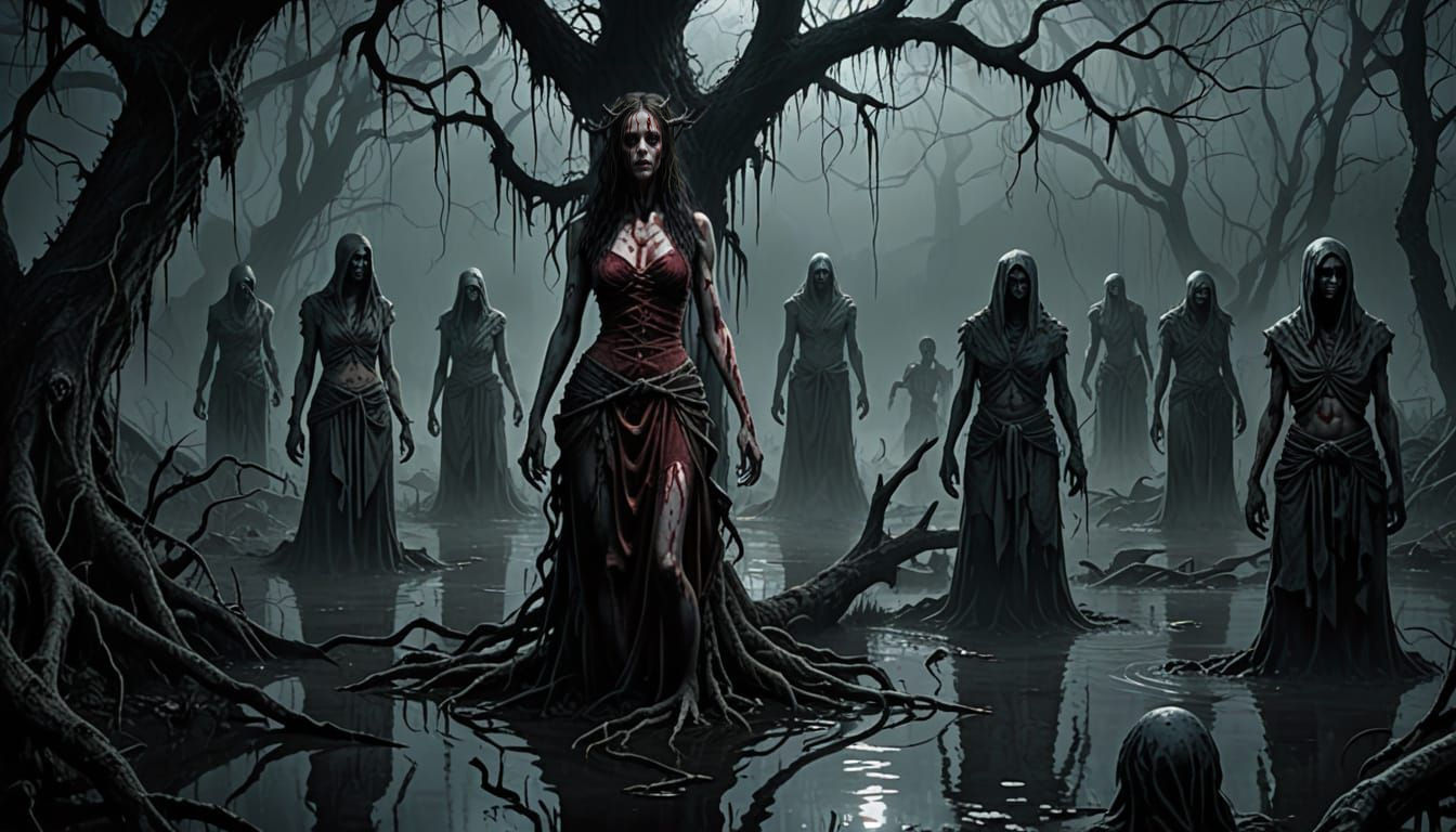 Haunted Swamp Goddess in Rags with Bloody Fingernails