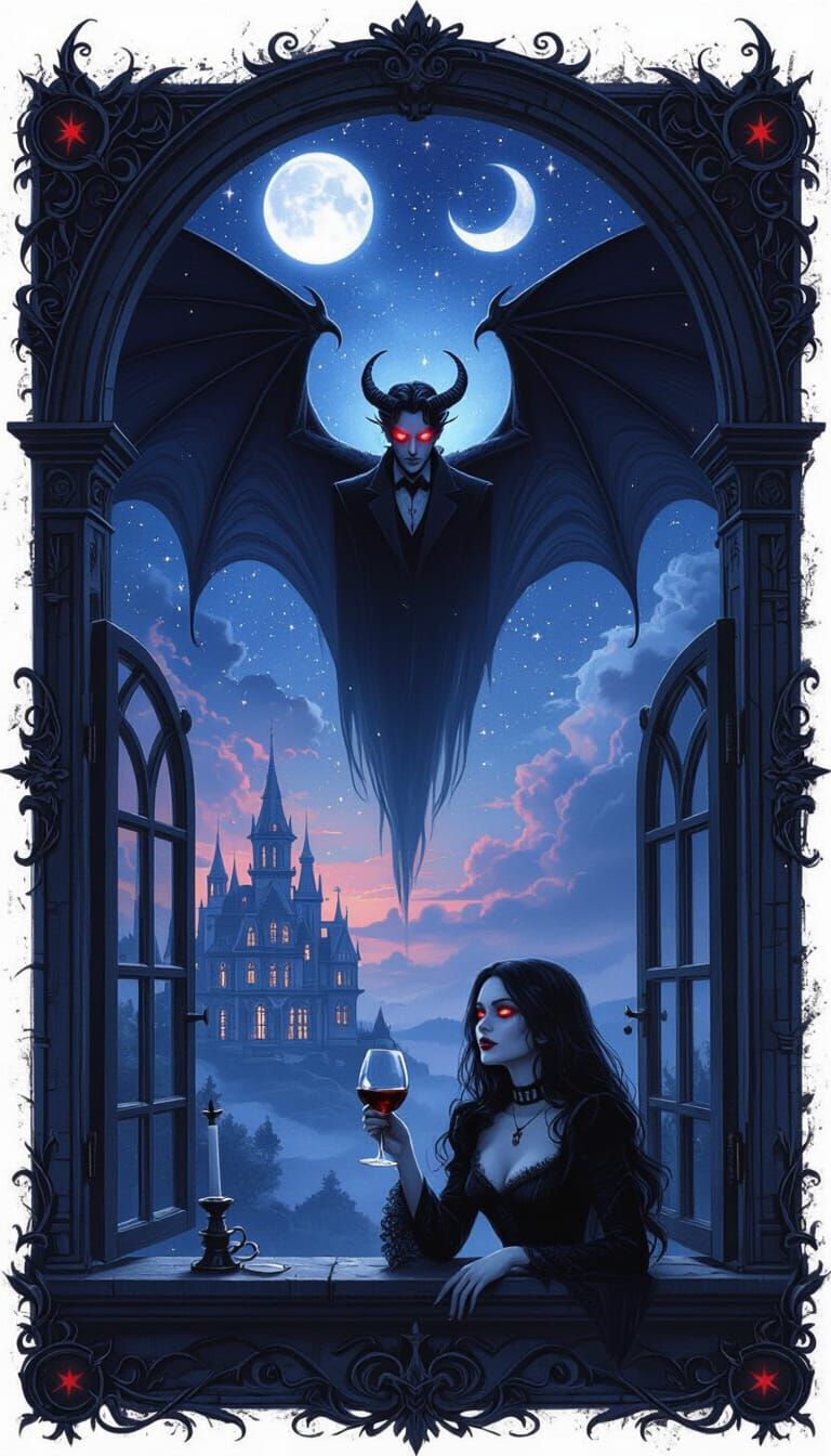 Gothic Demon Man Gazes at Vampire Girl Under Celestial Moons