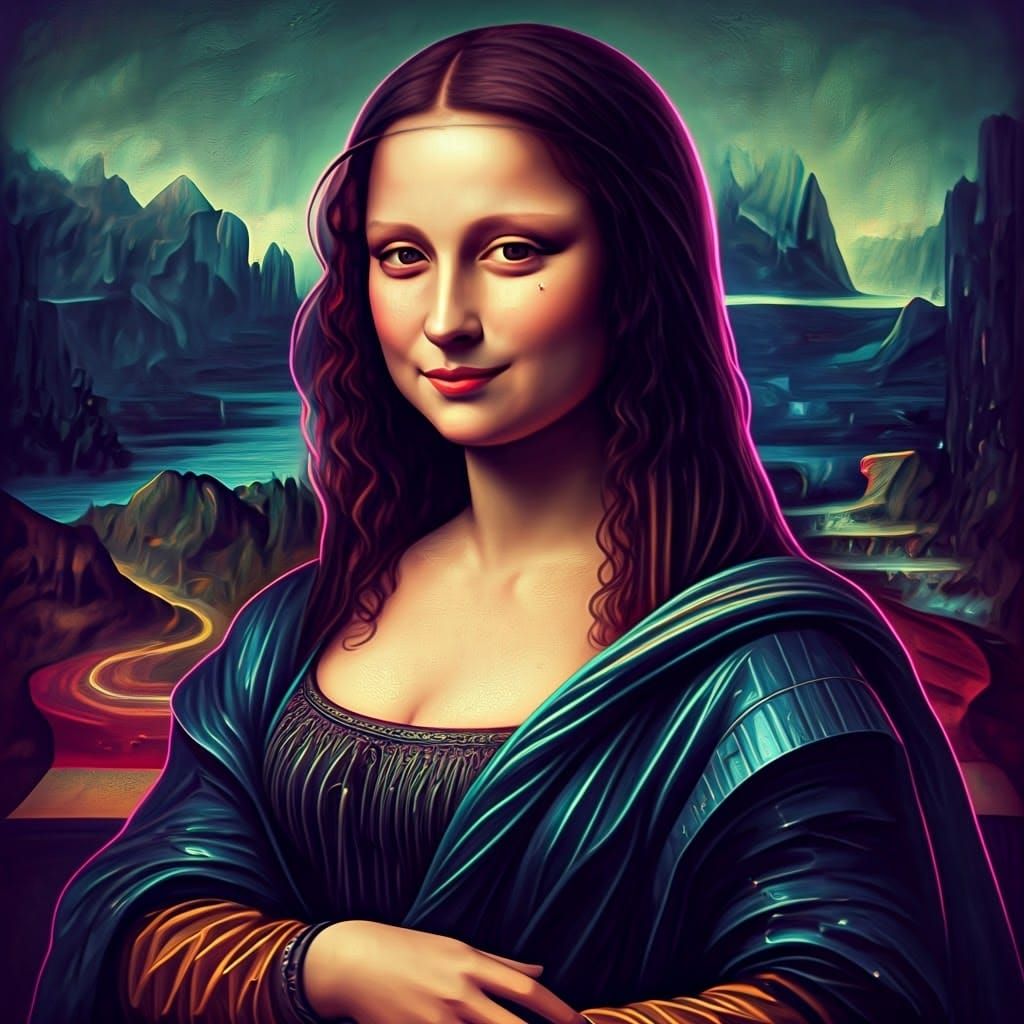 Cyberpunk Mona Lisa in Synthwave Style