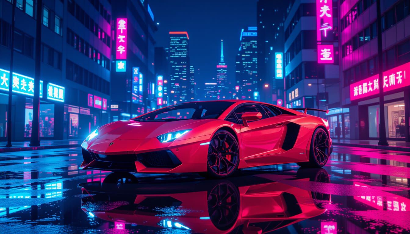 Lamborghini in Neon City Reflections