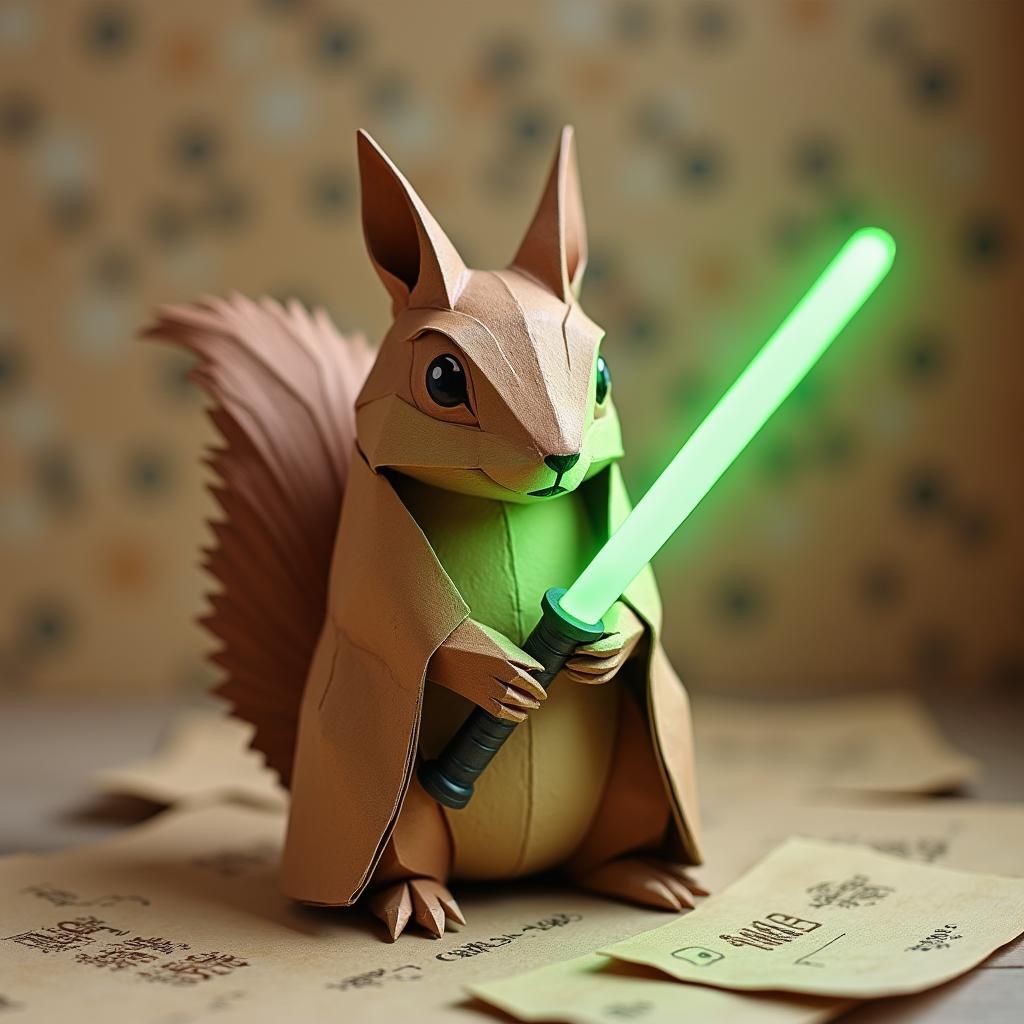 Squirrel with Lightsaber in Papercraft Style