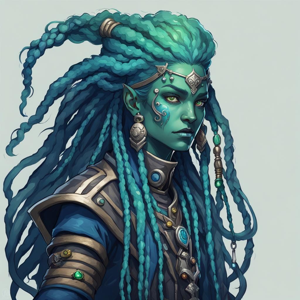 Female Triton Warlock Portrait with Dreadlocks